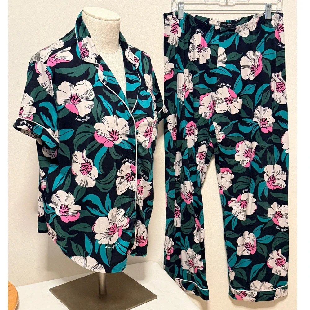 Kate Spade Pajama Set Sz L Hibiscus Floral Short Sleeve Pants Navy Sleepwear